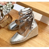 Popular Style Valentino Metallic Grained Leather Rockstud Wedge Pumps 9.5cm Silver 0125082