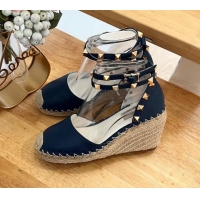 Shop Cheap Valentino Grained Leather Rockstud Wedge Pumps 9.5cm Navy Blue 0125080