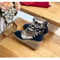 Shop Cheap Valentino Grained Leather Rockstud Wedge Pumps 9.5cm Navy Blue 0125080