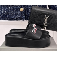 Popular Style Balenciaga Logo Stripes Calfskin Platform Slide Sandals Black 129024