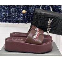 Buy Fashionable Balenciaga Logo Stripes Calfskin Platform Slide Sandals Burgundy 129029