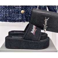 Discount Balenciaga Logo Stripes Denim Platform Slide Sandals Black 129031