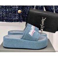 Top Grade Balenciaga Logo Stripes Denim Platform Slide Sandals Light Blue 129032