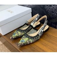 Good Quality Dior J'Adior Slingback Ballet Flat in Transparent Mesh Embroidered with Green Multicolor Butterfly Motif 12