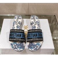 Best Price Dior Dway Heel Slide Sandals 3.5cm in Pastel Midnight Blue Multicolor Embroidered Cotton with Toile de Jouy M