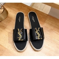 Hot Style Saint Laurent YSL Espadrilles Flat Slide Sandals in Patent Leather Black 125062