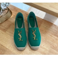 Top Design Saint Laurent YSL Espadrilles Flat in Linen Fabric Green 125065