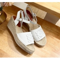 Best Grade Loewe Anagram Espadrilles Wedge Sandals in Calfskin and Canvas White 125036