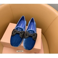 Top Grade Miu Miu Velvet Flat Loafers with Bow Blue/Black 104138