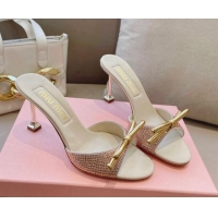 Grade Quality Miu Miu Satin Heel Slide Sandals 10.5cm with Crystals and Bow Champagne 129047