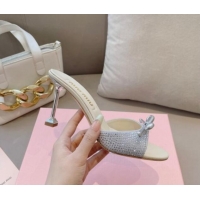 Pretty Style Miu Miu Satin Heel Slide Sandals 10.5cm with Crystals and Bow Silver 129048