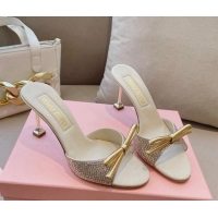 Top Grade Miu Miu Satin Heel Slide Sandals 10.5cm with Crystals with Bow Gold 129049