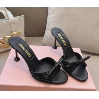 Best Grade Miu Miu Satin Heel Slide Sandals 10.5cm with Crystals with Bow Black 129050