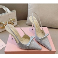 Grade Quality Miu Miu Satin Slingback Pumps 10.5cm with Crystals and Bow Silver 129052