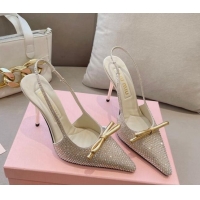 Shop Duplicate Miu Miu Satin Slingback Pumps 10.5cm with Crystals and Bow Gold 0129054