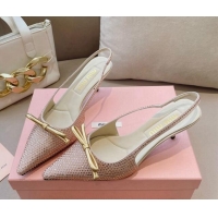 Low Price Miu Miu Satin Slingback Pumps 5.5cm with Crystals and Bow Champagne 129058