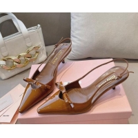 Unique Style Miu Miu Patent Leather Slingback Pumps 5.5cm with Bow Brown 129068