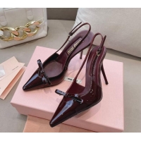 Best Grade Miu Miu Patent Leather Slingback Pumps 10.5cm with Bow Dark Burgundy 129074