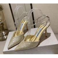 Duplicate Jimmy Choo Saeda 85 Glitter Pumps with Crystal Embellishment Gold 411914