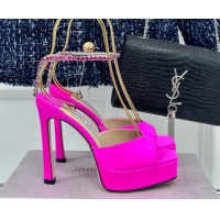 Best Grade Jimmy Choo Saeda Sandal Platform 12.5cm in Satin with Crystals Ankle Strap Neon Pink 0227103