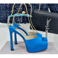 Top Grade Jimmy Choo Saeda Sandal Platform 12.5cm in Satin with Crystals Ankle Strap Blue 0227104