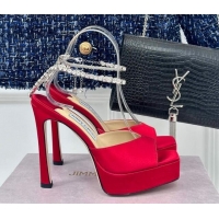 Unique Style Jimmy Choo Saeda Sandal Platform 12.5cm in Satin with Crystals Ankle Strap Red 227105