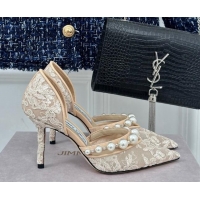 Shop Duplicate Jimmy Choo Aurelie Lace Pumps 8.5cm with Pearls Strap Beige 227107