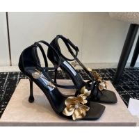 Durable Jimmy Choo Zea Black Satin Sandals 9.5cm with Gold-Tone Metal Flowers 227110