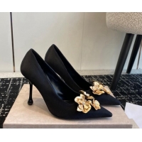 Low Cost Jimmy Choo Ixia Black Satin Pumps 9.5cm with Gold-Tone Metal Flowers 227111