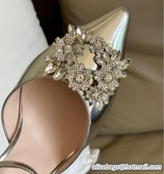 Charming Roger Vivier Flower Strass Buckle Pumps in Glazed Calfskin Silver 0124103