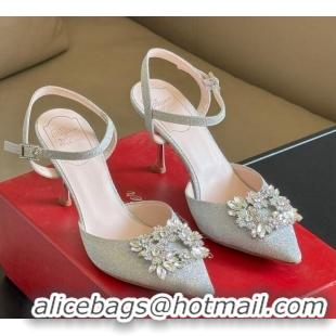 Stylish Roger Vivier Flower Strass Buckle Pumps in Glitter Silver 0124104