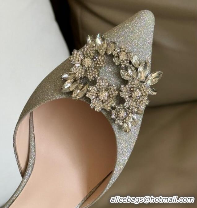 Stylish Roger Vivier Flower Strass Buckle Pumps in Glitter Silver 0124104