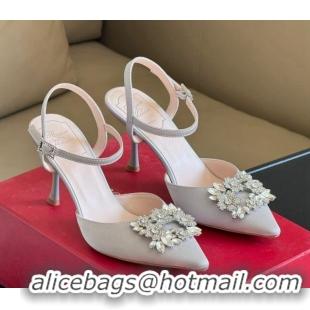 Best Grade Roger Vivier Flower Strass Buckle Pumps in Satin Grey 0124105