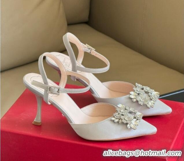 Best Grade Roger Vivier Flower Strass Buckle Pumps in Satin Grey 0124105