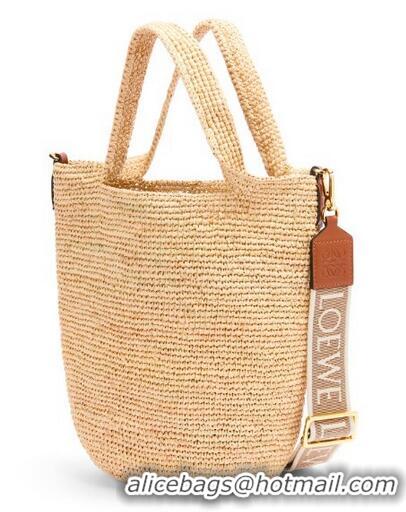 Best Price Loewe Mini Slit Tote bag in striped raffia straw and calfskin 101131 Beige 2023