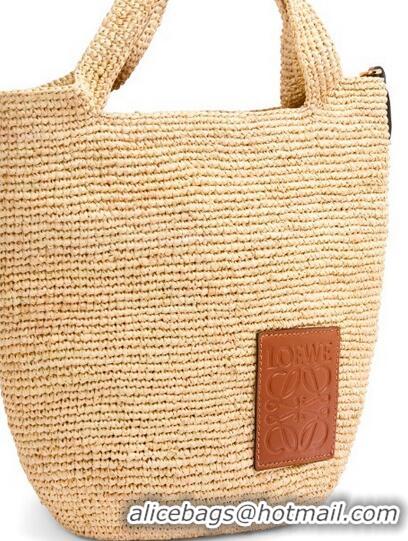 Best Price Loewe Mini Slit Tote bag in striped raffia straw and calfskin 101131 Beige 2023