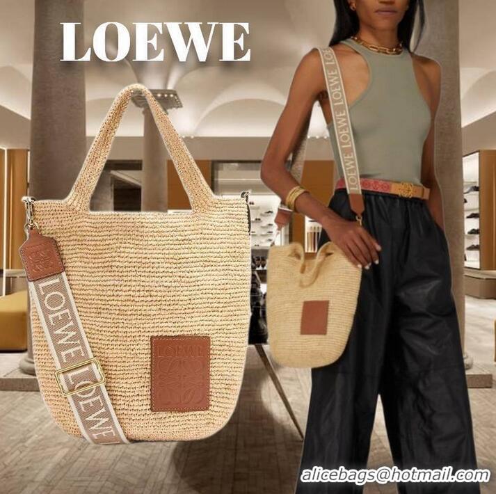 Best Price Loewe Mini Slit Tote bag in striped raffia straw and calfskin 101131 Beige 2023