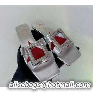 Classic Hot Roger Vivier Stitching Buckle Flat Slide Sandals in Leather Silver 124108