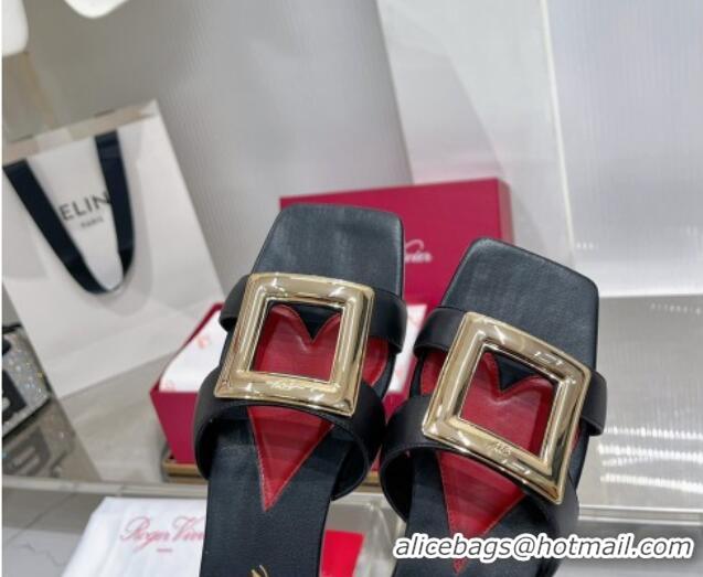 Grade Quality Roger Vivier Stitching Buckle Flat Slide Sandals in Leather Black 124111