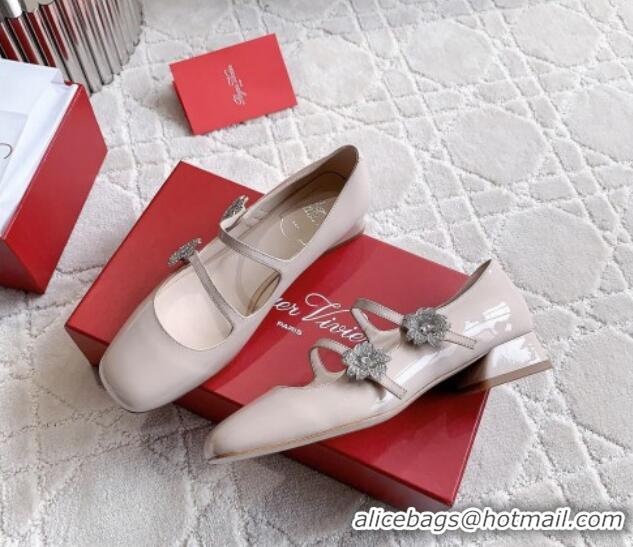 Stylish Roger Vivier Bouquet Strass Babies Ballerinas 2.5cm in Patent Leather Nude 0228082