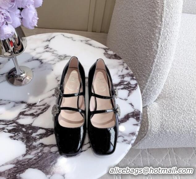 Luxurious Roger Vivier Bouquet Strass Babies Ballerinas 2.5cm in Patent Leather Black 228084