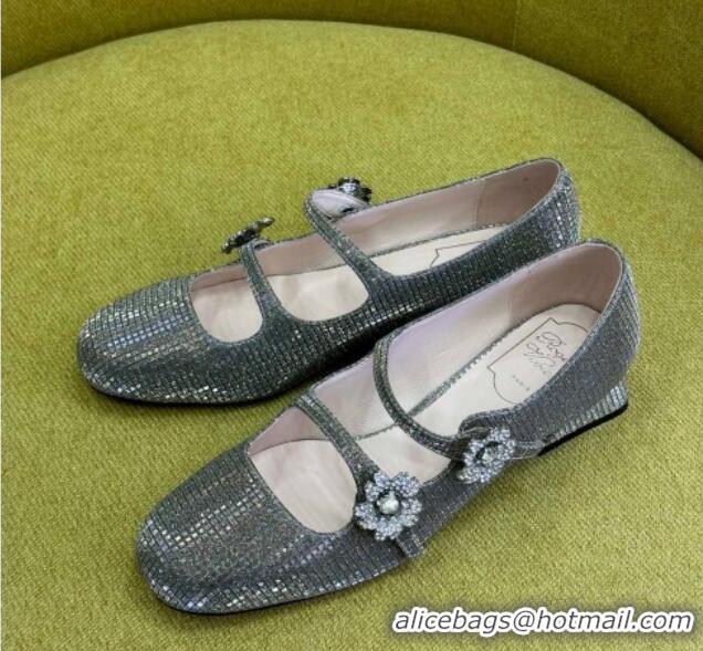 Good Quality Roger Vivier Bouquet Strass Babies Ballerinas 2.5cm with Crystals Allover Grey 228085