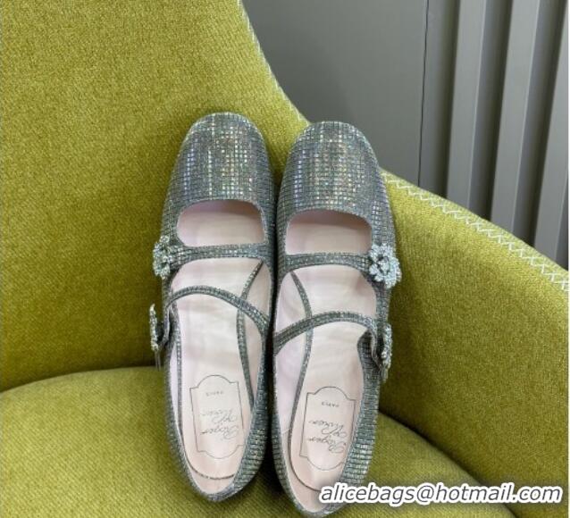 Good Quality Roger Vivier Bouquet Strass Babies Ballerinas 2.5cm with Crystals Allover Grey 228085