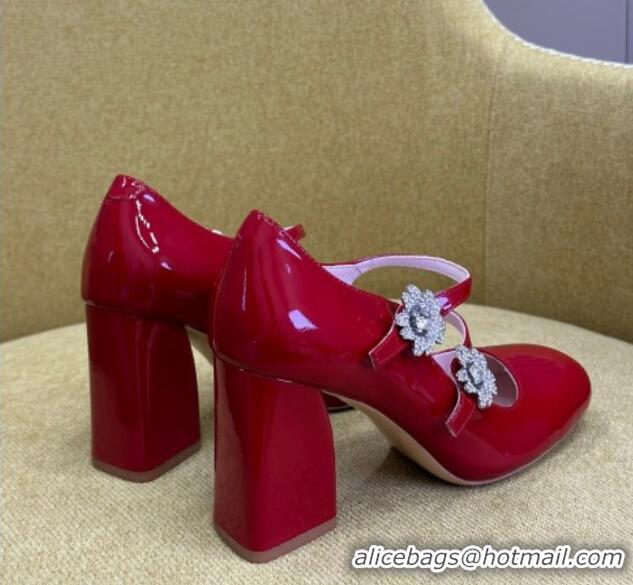 Pretty Style Roger Vivier Bouquet Strass Babies Pumps 8.5cm in Patent Leather Red 228088