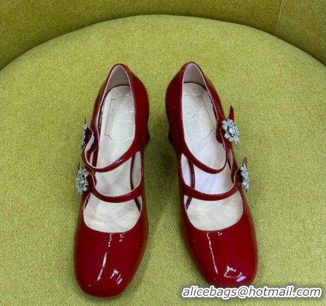 Pretty Style Roger Vivier Bouquet Strass Babies Pumps 8.5cm in Patent Leather Red 228088