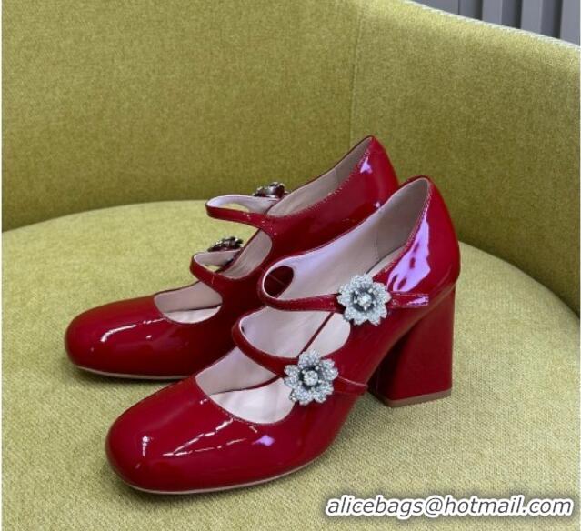 Pretty Style Roger Vivier Bouquet Strass Babies Pumps 8.5cm in Patent Leather Red 228088