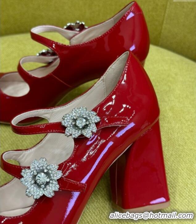 Pretty Style Roger Vivier Bouquet Strass Babies Pumps 8.5cm in Patent Leather Red 228088