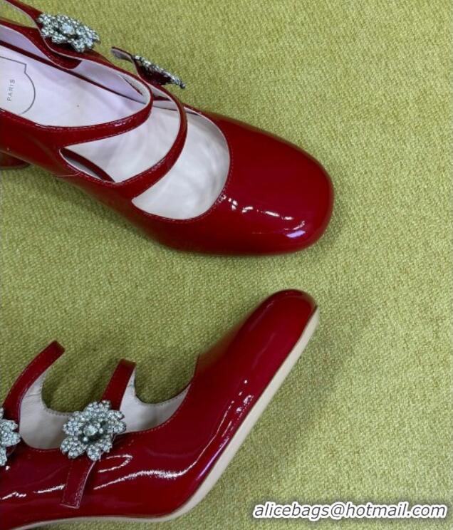 Pretty Style Roger Vivier Bouquet Strass Babies Pumps 8.5cm in Patent Leather Red 228088