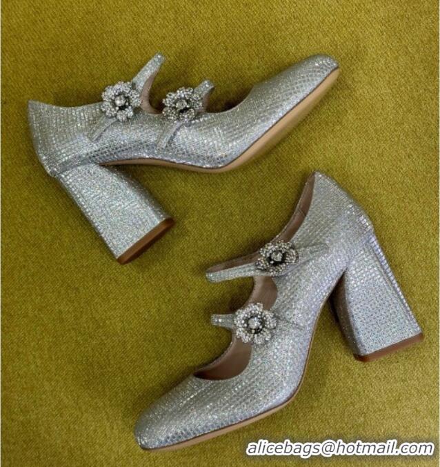 Discount Roger Vivier Bouquet Strass Babies Pumps 8.5cm with Crystals Allover Silver 228089