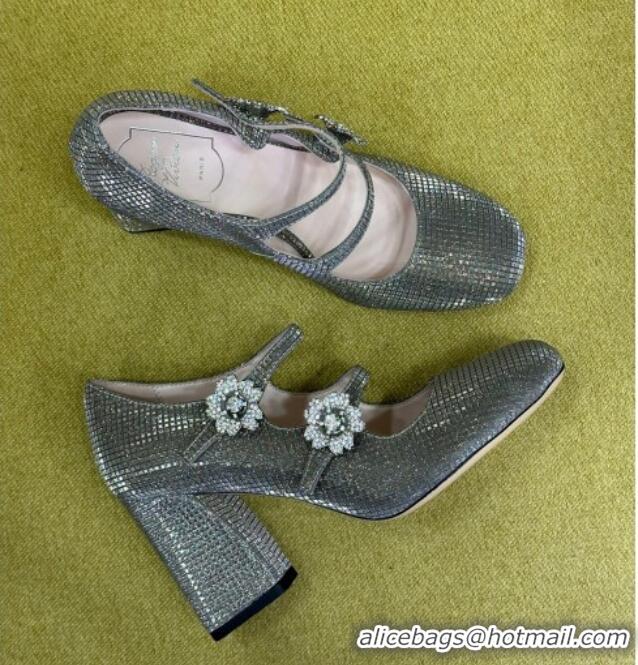 Popular Style Roger Vivier Bouquet Strass Babies Pumps 8.5cm with Crystals Allover Grey 228090